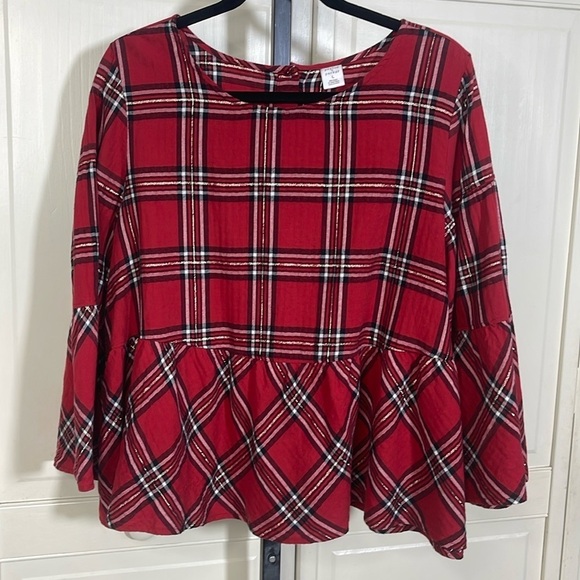 Peyton & Parker Women’s Peplum Blouse Red & Black Plaid Size Large - Picture 1 of 10